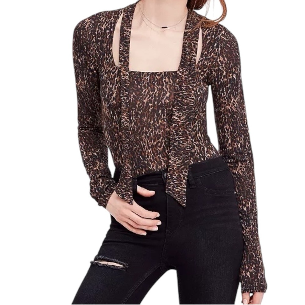 Free People Wild Thing Brown Animal Print Top Long Sleeve M
